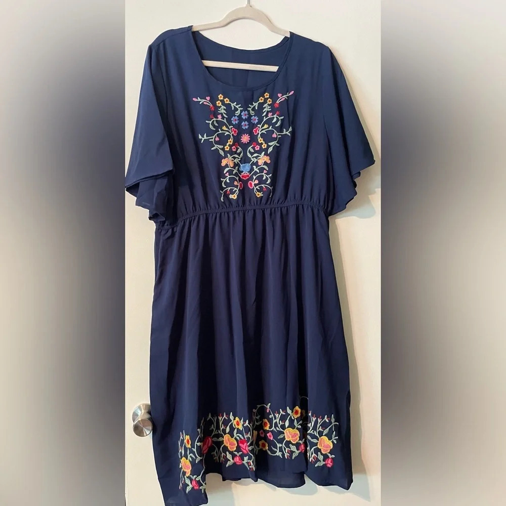 SHEIN Curve Blue Midi Dress Floral Embroidered Design Butterfly Sleeves Size 3X